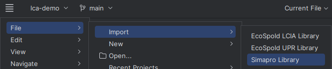 A screenshot of the menu leading to the Simapro import