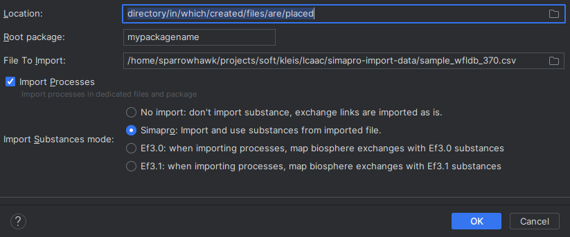 A screenshot of the import options menu for Simapro CSV